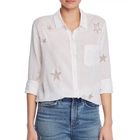 Rails Tops - Rails Small Charli White Rose Gold Star Embroidered Shirt Linen Blend Button Up